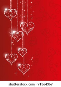 Ilustración vectorial de formas brillantes del corazón colgante con elemento floral y estrellas sobre fondo de forma cardíaca sin costuras rojas para San Valentín.