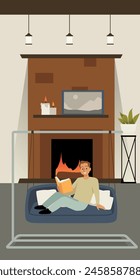 Vector illustration of a hanging swing in a room with a fireplace: a man enjoying a book on a hanging sofa. Calm and stylish interior design illustration.