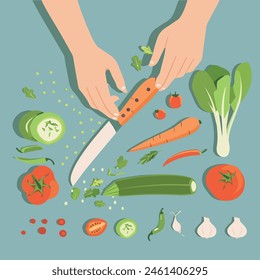 vector illustration Hans with knife and vegetables tomatoes cucumber salad 