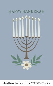 Vector illustration. Hanukkah card, menorah candles and flowers. Minimalistic, stylish template.