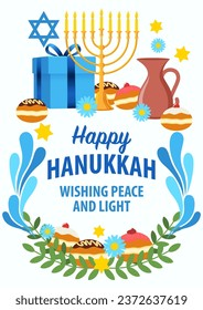 Vector illustration of Hanukkah decorative symbols and graphics for banner or greeting card