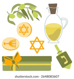 Vector illustration of Hanukkah elements including olive oil jug, Star of David, dreidel, menorah coin, olive branch, and gift box. Ideal for festive Jewish holiday design and decorations