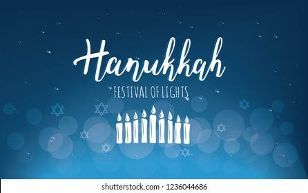 Vector illustration for Hanukkah (Festival of lights). Lettering text sign on snowy sky background. Judaism symbol. Hanukkah logo for greeting card template