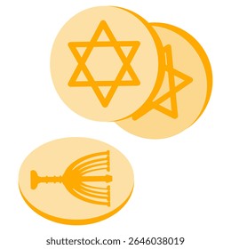 Ilustração vetorial de Hanukkah gelt - moedas de ouro com Estrela de David e símbolos de menorá. Dinheiro de feriado judaico tradicional