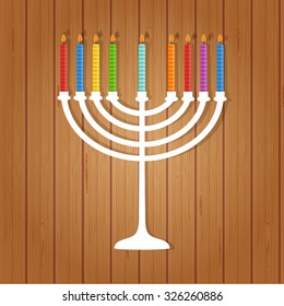 Vector illustration of hanukkah, jewish holiday. Hanukkah menora with  candles on wooden background