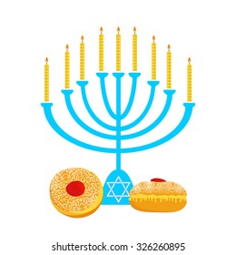 Vector illustration of hanukkah, jewish holiday. Hanukkah menora with  candles and traditional donuts -  Sufganiyah 