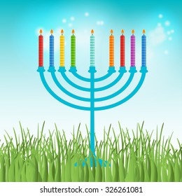 Vector illustration of hanukkah, jewish holiday. Hanukkah menora with  candles on blue sky and green grass background