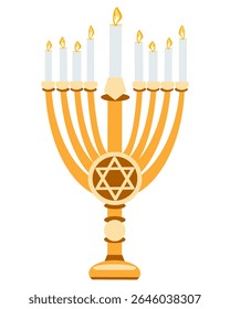 Vector illustration of Hanukkah menorah (Hanukkiah) with nine lit candles and Star of David. Traditional Jewish holiday symbol.