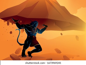 Vektorillustration-Illustration von Hanuman, der den Dronagiri-Berg aufhebt, Indischer Hindu-Gott