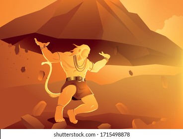 Vektorillustration-Illustration von Hanuman, der den Dronagiri-Berg aufhebt, Indischer Hindu-Gott