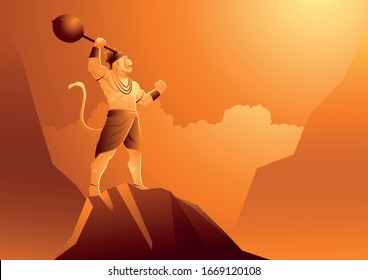Vector illustration of Hanuman standing on mountain, Indian God of Hindu