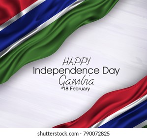 Vector illustration of Happ Gambia independence day 18 February. Waving flags isolated on gray background.