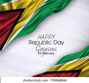 Vector illustration of Happ Guyana  Republic day 23 February. Waving flags isolated on gray background.