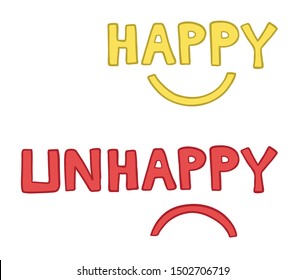 Vector illustration happ and unhappy with smiling and sulking mouths. Hand drawn. Colored outlines.