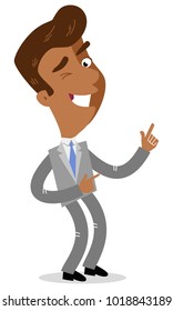 Vector illustration of a happily cheering asian cartoon businessman winking and gesturing.