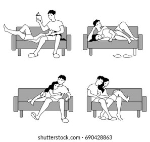 Vector illustration of happily romantic couple in love on sofa. Character set in flat design.