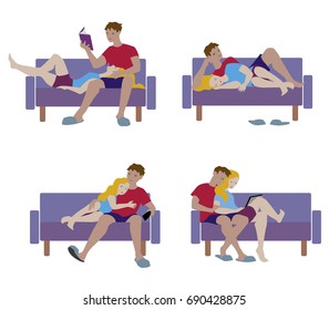 Vector illustration of happily romantic couple in love on sofa. Character set.