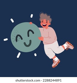 ?artoon vector illustration of Happiness and positive thinking, optimism or motivation to live happy life concept, happy boy hold emoji with smile face over dark