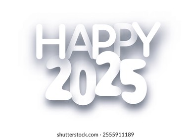 Vector illustration of Happy 2025 in bold white typography with subtle shadows, creating a clean and modern design.