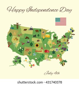 vector illustration / happy 4th of july greeting card / states symbols on the map of America