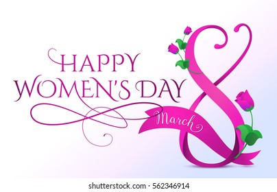 Vector illustration of happy 8 march womens day greeting in cartoon style with purple ribbon, curved eight, pink roses and typography lettering text sign isolated on white horizontal background