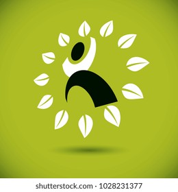 Vector illustration of happy abstract human with reaching up. Go green idea creative logo. Healthy lifestyle metaphor. Vegetarian theme icon.