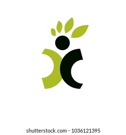 Vector illustration of happy abstract human with reaching up. Go green idea creative logo. Healthy lifestyle metaphor. Vegetarian theme icon.