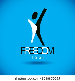 Vector illustration of happy abstract human with reaching up. Successful business career symbol. Corporate development logo. Freedom creative logotype.
