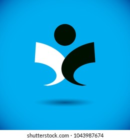 Vector illustration of happy abstract human with reaching up. Liberty conceptual logo. Happiness metaphor symbol. Business innovation idea creative logotype.