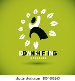 Vector illustration of happy abstract human with reaching up. Downshifting concept logo. Vegetarian theme symbol. Green ecology metaphor.