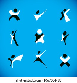 Vector illustration of happy abstract human with raised hands up. Business leader metaphor