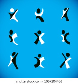 Vector illustration of happy abstract human with raised hands up. Business leader metaphor