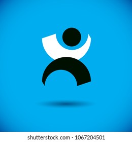 Vector illustration of happy abstract human with reaching up. Liberty conceptual logotype. Happiness metaphor logo. Business innovation idea creative symbol.