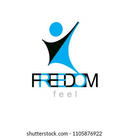 Vector illustration of happy abstract human with reaching up. Liberty conceptual symbol. Happiness metaphor logotype. Business innovation idea creative emblem.