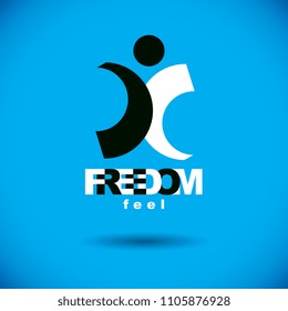 Vector illustration of happy abstract human with reaching up. Liberty conceptual symbol. Happiness metaphor logotype. Business innovation idea creative emblem.