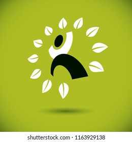 Vector illustration of happy abstract human with reaching up. Go green idea creative logo. Vegetarian theme icon. Wellness and harmony symbol.