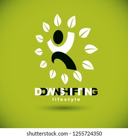 Vector illustration of happy abstract human with reaching up. Downshifting concept logo. Wellness and harmony symbol. Wanderlust and countryside vacation icon.