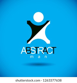 Vector illustration of happy abstract human with reaching up. Liberty conceptual emblem. Happiness metaphor logotype. Business innovation idea creative symbol.