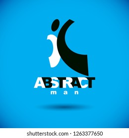 Vector illustration of happy abstract human with reaching up. Liberty conceptual logotype. Happiness metaphor logo. Business innovation idea creative emblem.