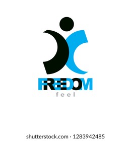Vector illustration of happy abstract human with reaching up. Liberty conceptual symbol. Happiness metaphor emblem. Business innovation idea creative logo. 