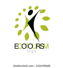 Vector illustration of happy abstract human with reaching up. Ecotourism conceptual logo. Environmental conservation theme logotype. Green tourism symbol.