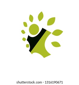 Vector illustration of happy abstract human with reaching up. Go green idea creative logo. Vegetarian theme icon. Wellness and harmony symbol.