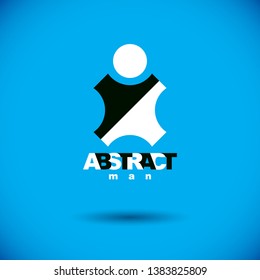 Vector illustration of happy abstract human with reaching up. Liberty conceptual logotype. Happiness metaphor logo. Business innovation idea creative emblem.