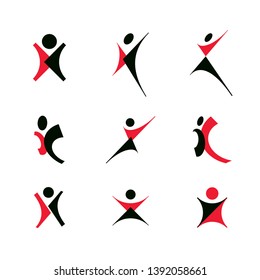 Vector illustration of happy abstract human with raised hands up. Business innovation icon.