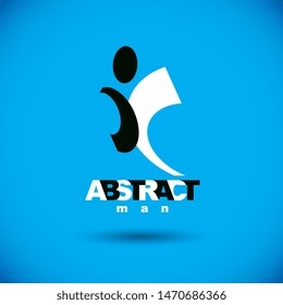 Vector illustration of happy abstract human with reaching up. Successful business career emblem. Corporate development logotype. Freedom creative icon.