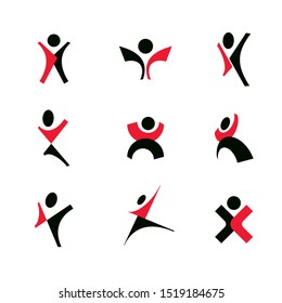 Vector illustration of happy abstract human with raised hands up. Business innovation icon.