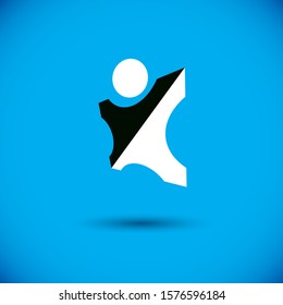 Vector illustration of happy abstract human with reaching up. Liberty conceptual logotype. Happiness metaphor icon. Business innovation idea creative logo.