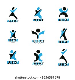 Vector illustration of happy abstract human with raised hands up. Freedom abstract symbol.