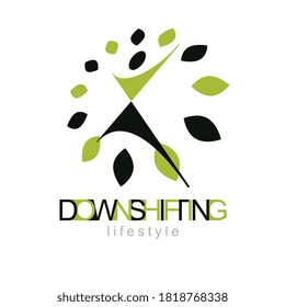 Vector illustration of happy abstract human with reaching up. Downshifting concept logo. Green tourism icon. Wellness and harmony symbolic logotype.