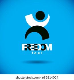 Vector illustration of happy abstract human with reaching up. Liberty conceptual icon. Happiness metaphor emblem. Business innovation idea creative logotype.